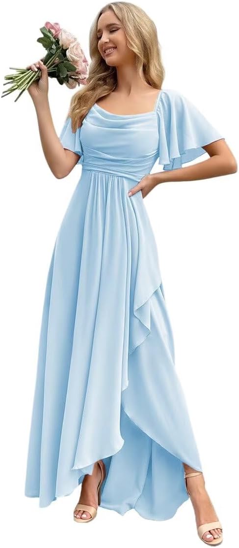 Chiffon A Line Bridesmaid Dresses for Women Flutter Sleeve Long Formal Evening Dres...