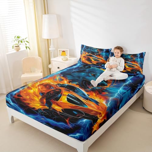 Racing Car Fitted Sheet Full Size 3D Safari Animal Wolf Bedding Set 3Pcs(No Flat Sheet) Lightning Burning Flame Bed Sheet for Boys Teens Room Decor Cool Sports Car Deep Pocket Sheet