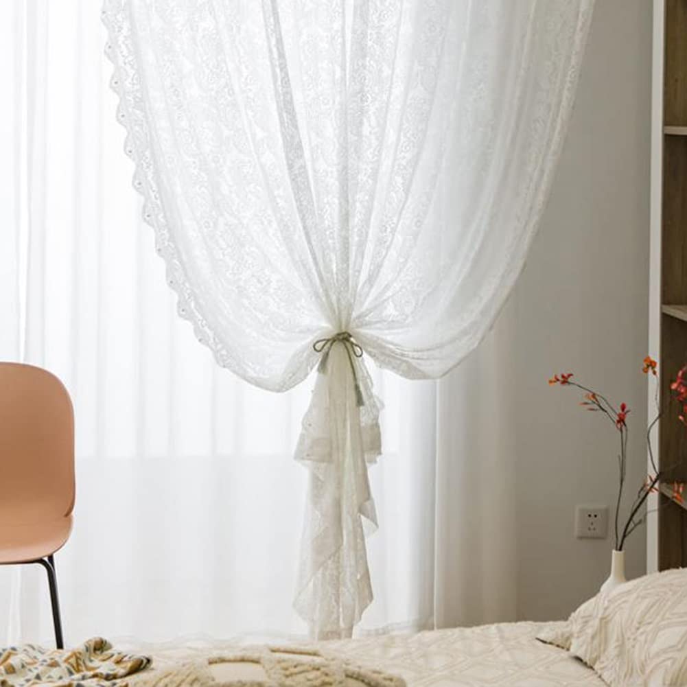 Rideau en Dentelle à Broderie Florale Blancs De 55 Pouces De Long, Rideaux Voilés à Glissière, Rideaux De Fenêtre Filtrant La Lumière pour Le Salon Et La Chambre à Coucher, 2 Panneaux.