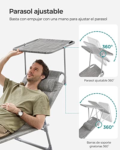 Miniatura 5 de Songmics Tumbona, Tumbona Reclinable, 193 X 53 X 29 Cm,Carga De 150 Kg, Con Reposacabezas De Protección Solar Y Respaldo Reclinable, Para Terraza, Piscina, Jardín, Greige Gcb19t