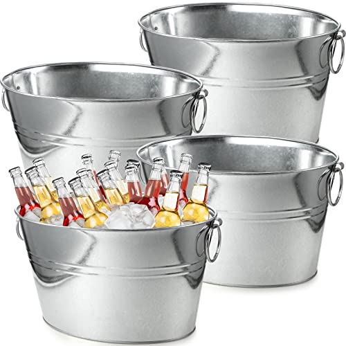 4 Pack 4 Gallon Galvanized Oval Beverage Tub Metal Ice Bucket Drink Cooler Extra Large Metal Silver Buckets Heavy Duty Drink Bucket With Double Hinged Handle For Parties Pool Home Decoration #TOP9