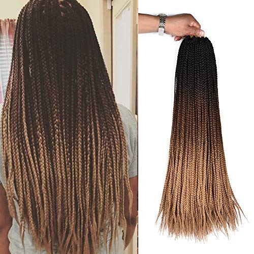 24inch Long Box Braids Crochet Synthetic Braiding Hair Extensions Ombre Brown Hand made Synthetic Crochet Braided Hair For Black White Women Girls 6Packs Sale(3S box braids, Black-DarkBrown-LightBrown)