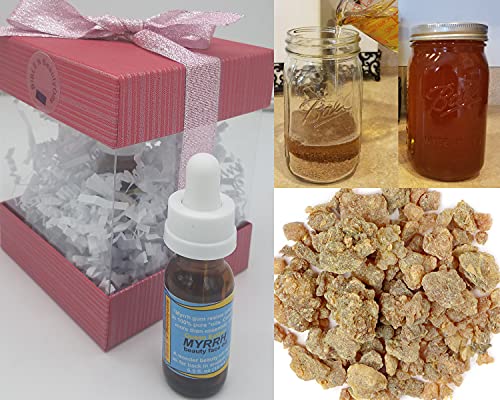 BBO Queen Esther Myrrh beauty face oil. Whole myrrh gum resin infused in argan oil, rosehip seed oil, seabuckthorn oil, pomegranate seed oil. Contains more than essential oils. 0.5 Fl Oz (Bulgarian Rose)