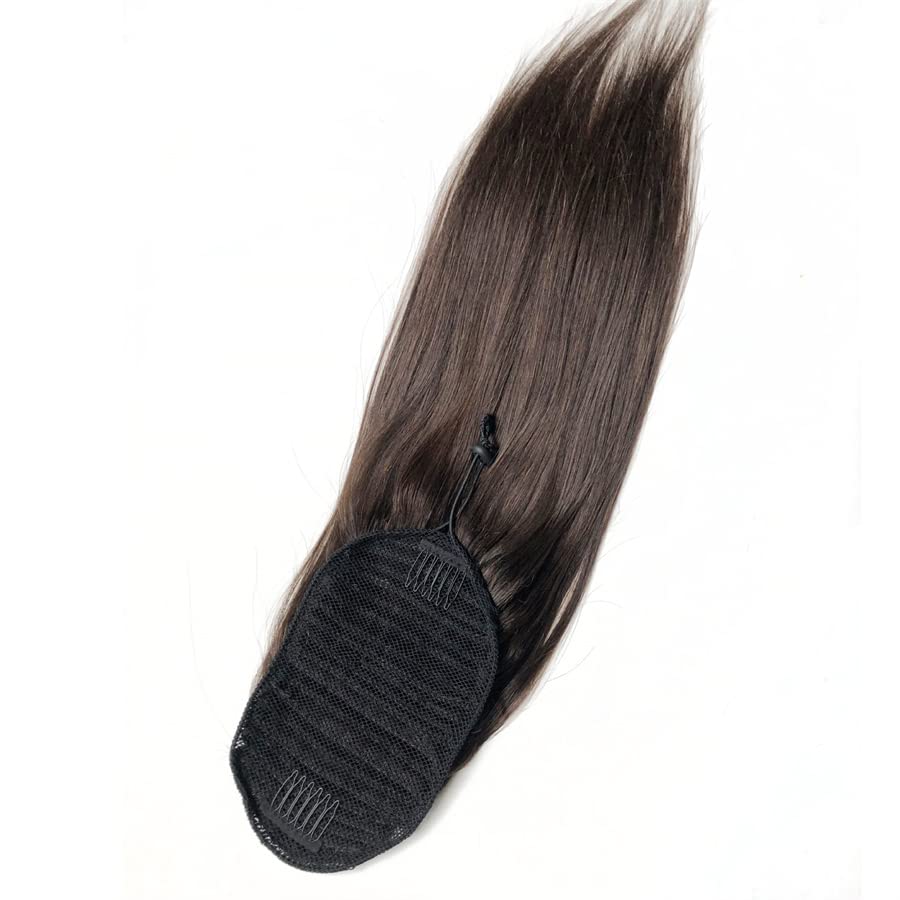 24" Drawstring Straight Ponytail Extension Dark Brown #2 Real Human Hair