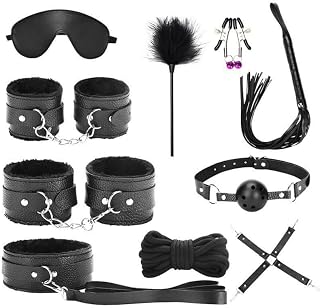 Juego De 10 Piezas Con Textura De Litchi Multifuncional, Revestimiento De Peluche De Cuero Negro, Conjunto Ajustable De Entrenamiento Interior, Con Palos De Plumas Y Cuerda De Nylon Manual - D3