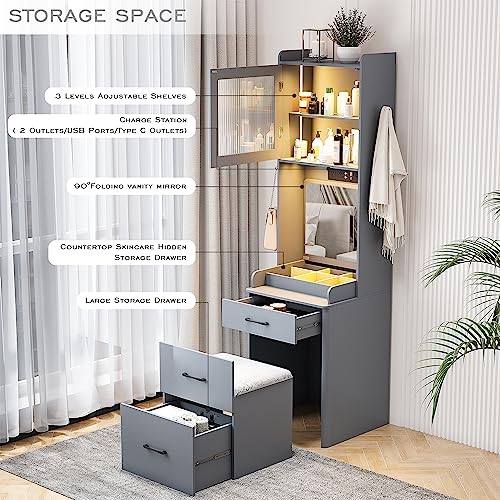 JDPAG Vanity Desk with Mirror and Lights, Makeup Vanity Table with Jewelry Cabinet and Cushioned Stool, Dressing Table Writing Desk with 3 Color Lighting Modes, Vanity Set for Bedroom, Grey