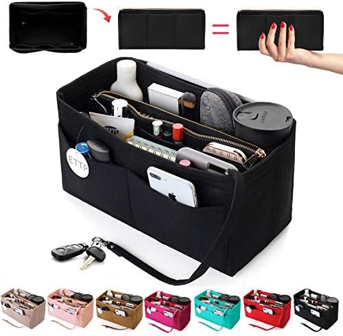 Purse Organizer Insert, Felt Tote Organizer Insert With Metal Zipper, Handbag Organizer For Speedy, Neverfull, Tote, Handbag, 7 Colors 5 Sizes (X-Large, Black)