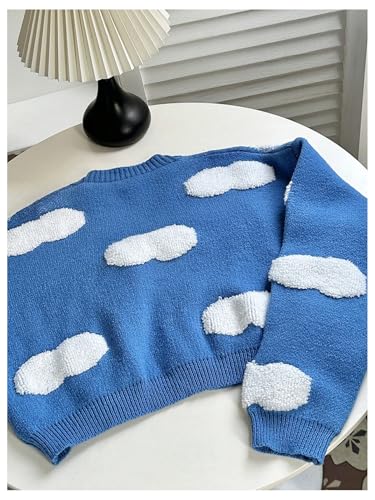 Image of MakeMeChic Women's Graphic Open Front Cardigan Sweaters Long Sleeve Cropped Outerwear Blue Medium
