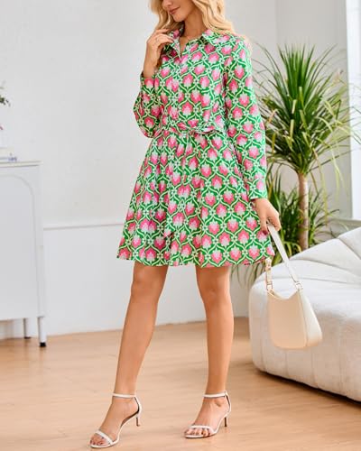 Image of Women's Printed Button Down Shirt Dress Long Sleeve Belted Mini Dress