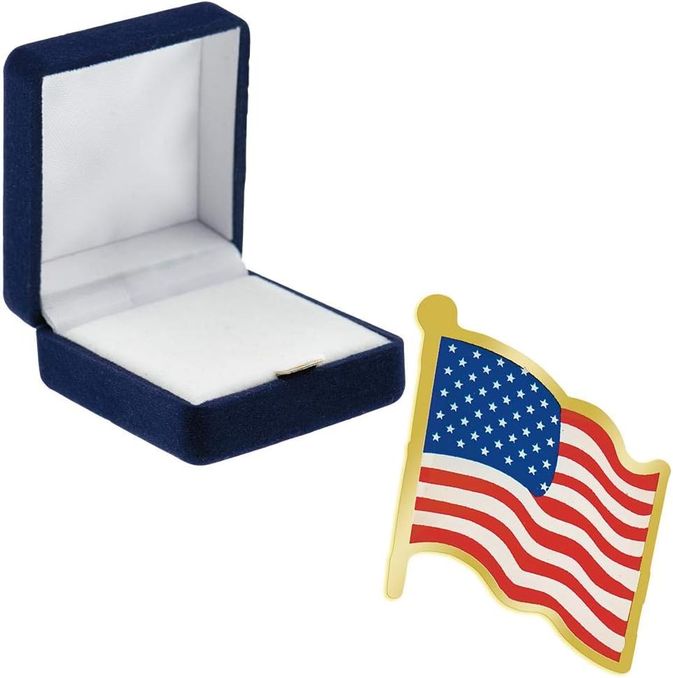 Crown Awards American Flag Gold Pins, American Flag Gold Pin with Blue Velvet Presentation Case, Prime