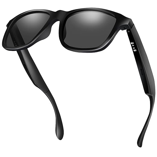 ALOUS Smart Glasses for Men & Women,Bluetooth Glasses with Open Ear Sound Mic & Speakers, Intelligent Touch,Magnetic Charging,Indoor/Outdoor UV Protection and Voice Assistant (Black Lens)