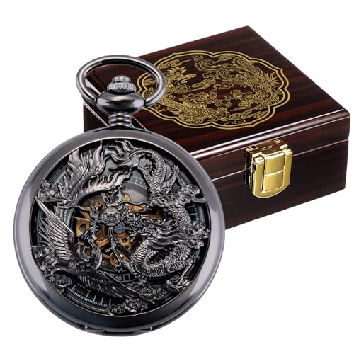 Image of ManChDa Antique Mechanical Pocket Watches for Men Lucky Dragon Phoenix Pocket Watch with Chain Skeleton Dial Roman Numerals Gifts for Fathers Day