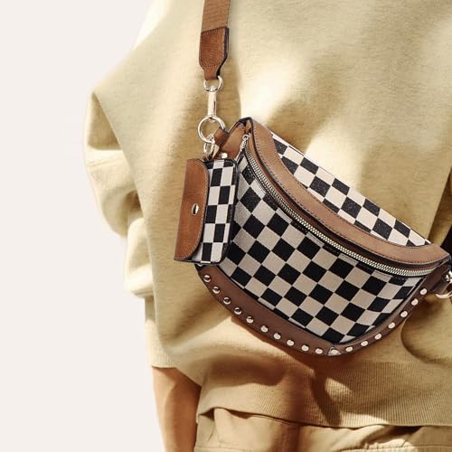 Checkered Crossbody Bag Studded Checkerboard Crossbody Bum Bag Alt Crescent Saddle Purse Studded Half Moon Handbag with Pouch2