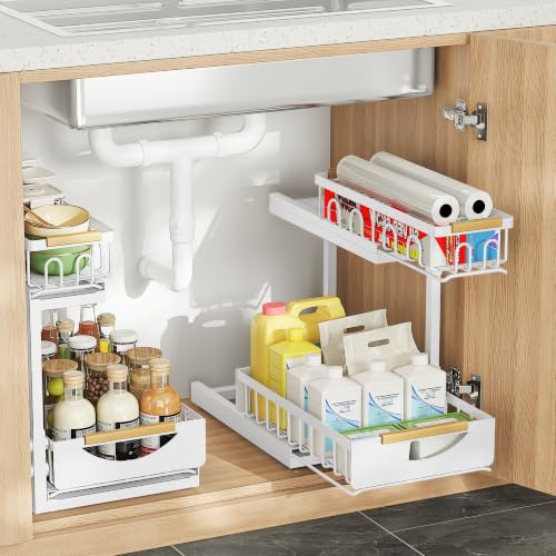 Image of Under Sink Organizer and Storage for Bathroom and Kitchen - 2 Pack 2 Tier | Cabinet Pull Out Shelf Organizers - Slide Out Drawer Organization for Home Cabinets Shelves and Drawers