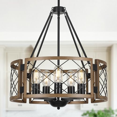 5-Light-Farmhouse-Chandelier-Brown-Rustic-Chandelier-for-Dining-Room-Wood-Texture-Adjustable-Pendant-LightDrum-Chandelier-for-Kitchen-Island-Entryway-Bedroom-Hallway189E26 5 Light Farmhouse Chandelier Brown Rustic Chandelier for Dining Room Wood Texture Adjustable Pendant LightDrum Chandelier for Kitchen Island Entryway Bedroom Hallway189E26