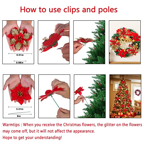 Binduo 25Pcs Poinsettia Christams Decorations 5.12 Inch Christmas Flower Two Styles With Clips And Stems Glitter Silk Poinsettia Christmas Tree Decorations Stairs Window Wreath (Red And Gold) #TOP6