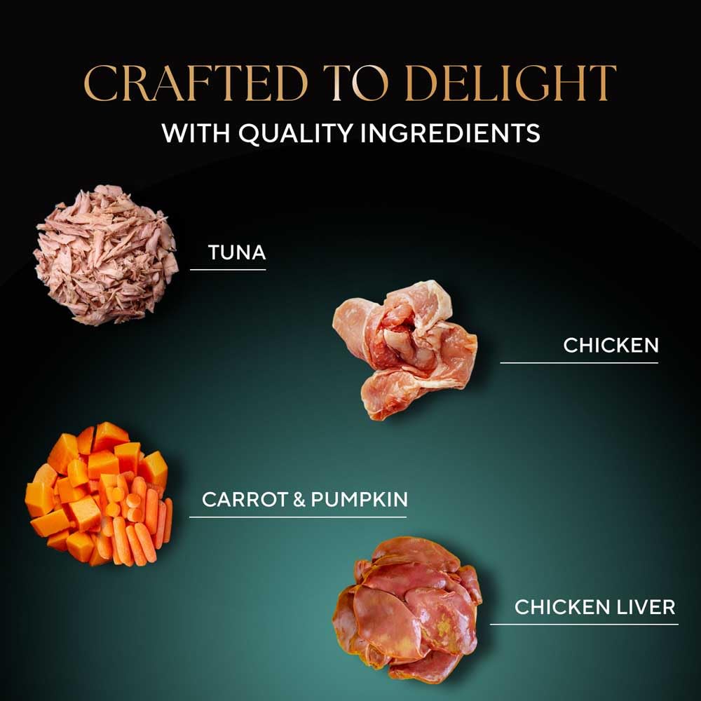 Sheba Fine Premium Adult (1+ Years) Wet Cat Food, Tuna Pumpkin & Carrot in Gravy, 70 g Pouch, High-moisture gravy cat food for healthy hydration