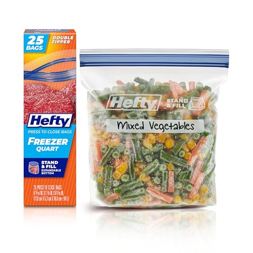 Hefty Press to Close Plastic Freezer Bags, Quart Size, 25 Count