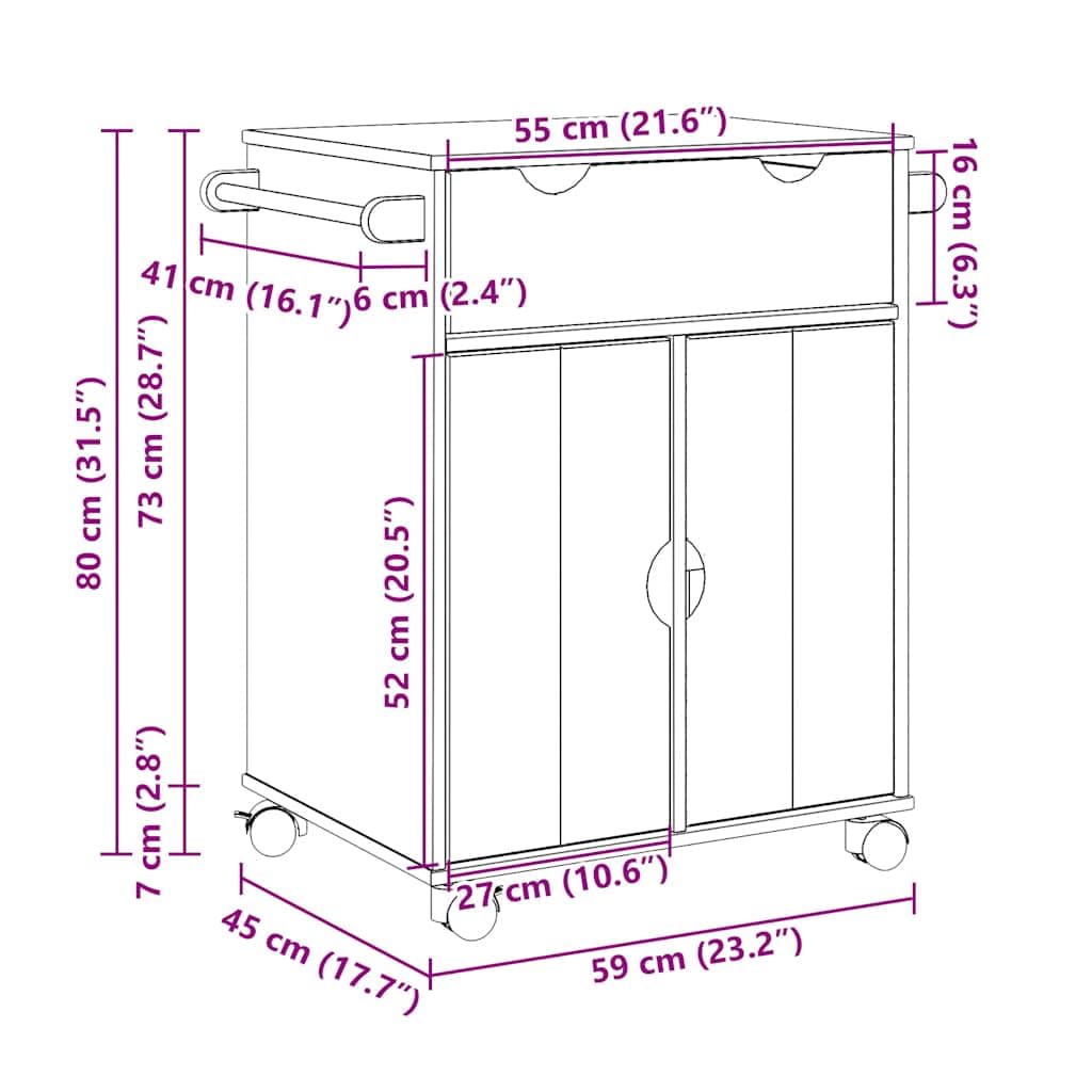 vidaXL Carrito de Cocina, Carro Organizador de Almacenamiento, Carrito de Servicio de Alimentos, Carro de Verduras Bebidas, Madera Maciza de Pino