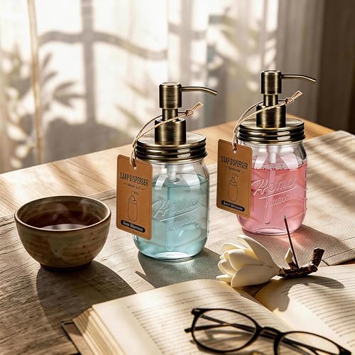 Image of Amolliar Mason Jar Liquid Soap Dispenser Lid, Farmhouse Pump, Brass 2 Pack | Refillable Lotion Soap Pump16OZ Regular Mouth Jar, Hand Soap, Dish, Stainless Steel Soap Pump Lid, Farmhouse Bathroom Decor