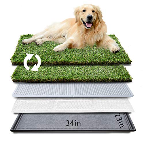 HQ4us Dog Grass pad with Tray Large Dog Litter Box Toilet 34”×23”, 2×Artificial Grass for Dogs ,Pee pad, Realistic, Bite Resistance Turf, Less Stink, Potty for Balcony,