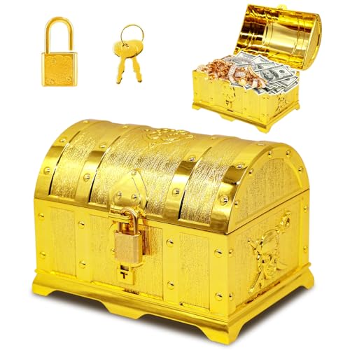 Idota Cofre del tesoro para cumpleaños infantiles, cofre del tesoro de cumpleaños infantil, cofre del tesoro dorado pequeño, cofre del tesoro con cerradura con tapa y candado para guardar y decorar