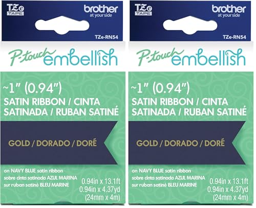 Image of Brother P-Touch Embellish Gold Print on Navy Satin Ribbon TZE-RN54 - ~1 inch Wide x 13.1ft. Long (24mm x 4m /4.37yds), TZERN54 (Pack of 2)