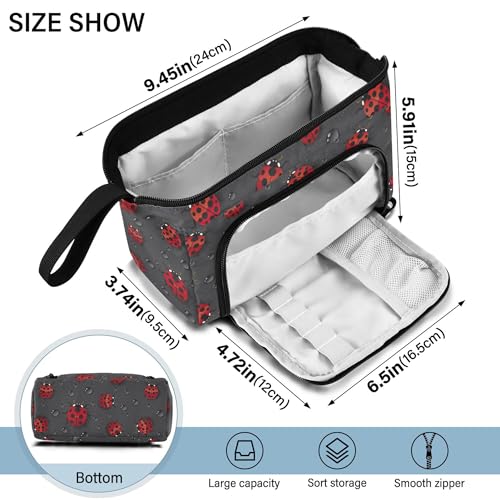 Image of Fisyme Red Ladybugs Pencil Case Large Capacity Pencil Pouch Pen Bag Box Big Makeup Pencil Case Organizer
