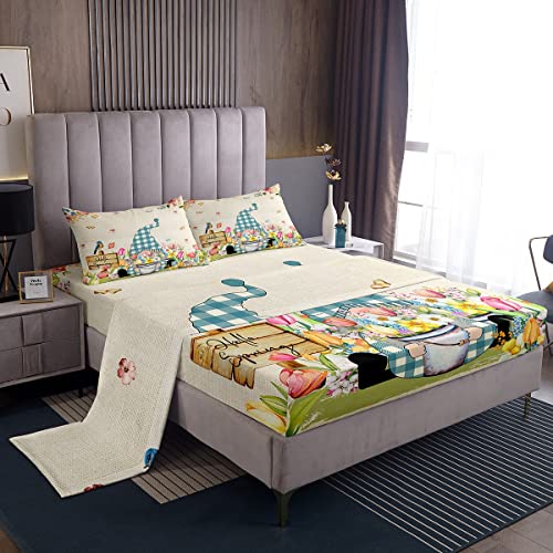 Tulip Gnome Fitted Sheet Full,Butterfly Floral Bed Sheets For Kids Boys Girls,Buffalo Plaid Gnome Sheet Set Home Dorm Decor,Spring Garden Botanical All Season 1 Top Sheet+1 Fitted Sheet+2 Pillowcases