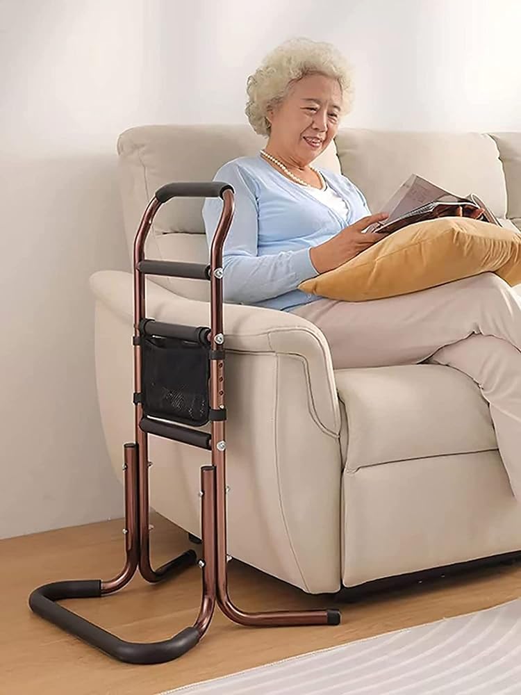 Soporte de silla para personas mayores con bolsillo de almacenamiento, bastón de altura ajustable, riel de cama para ancianos sentados y de pie, ayuda de movilidad portátil, soporte seguro para la