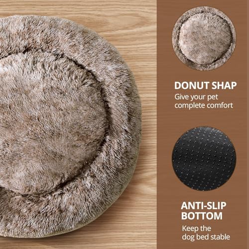 Image of JOLLYVOGUE Calming Dog Bed Medium Size Dog, 31in Donut Washable Medium Pet Bed, Anti-Slip & Anti-Anxiety Fluffy Faux Fur Round Dogs Bed, Fits up to 45 lbs Pets (Smoke Brown)