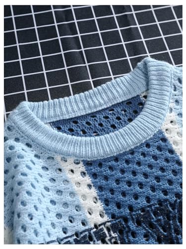 Men's Hollow Out Knit Tops Crew Neck Colorblock Letter Print Sweater3