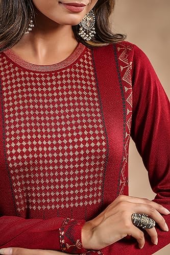 Image of Ishin Womens Polyester Regular Fit Jacquard Style Geometric Pattern Straight Winterwear Kurta