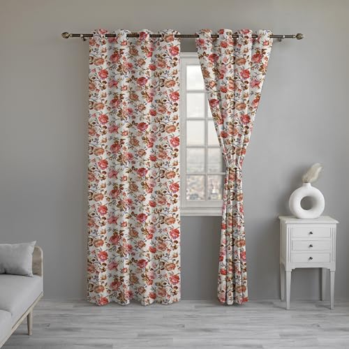 Image of LINENWALAS Cotton Printed Curtains 10 Feet Long 2 Panels Set, Curtain for Door Hangings Home Decor Items for Living Room Bedroom, Semi Sheer Drapes with Eyelet Rings (Red Rose Tulip)