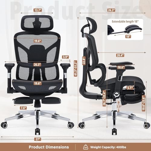Image of Ergonomic Office Chair with Footrest - 400lbs Heavy Duty Mesh Desk Chair, 5D Armrests, 3D Lumbar, 5 Level Backrest, Adjustable Headrest, Reclining High Back Swivel Chairs for Home Office