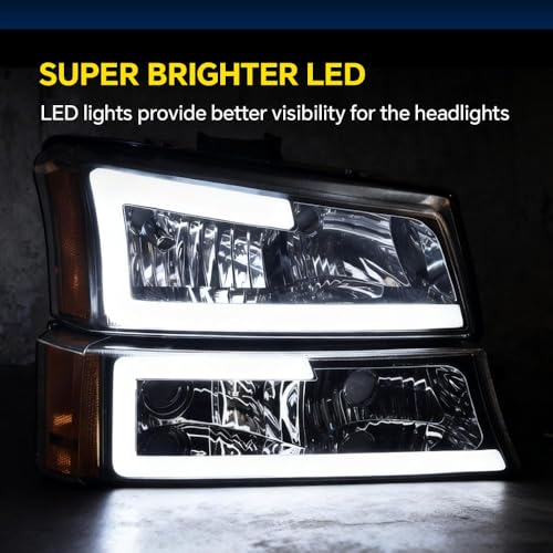 Image of GRAND ORANGE LED DRL Headlight Assembly Fit Chevy Silverado 1500 2500 3500 HD Models 2003-2006, Fit Chevy Avalanche 1500 2500 2003-2006 GM250222 Headlamp Clear lens Chrome Housing Amber Reflector
