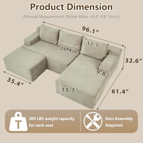 Image of 96 inch U-Shape Cloud Couch, Modern Modular Sectional L-Shape Sofa with Ottoman, Corduroy Upholstered Couches Deep Seat Sleeper Chaise Longue for Living Room, No Assembly Required(Camel, Right Facing)