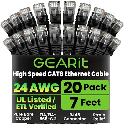 GEARit Cat6 Patch Cables 7ft Cat 6 Ethernet Cable 20-Pack Black