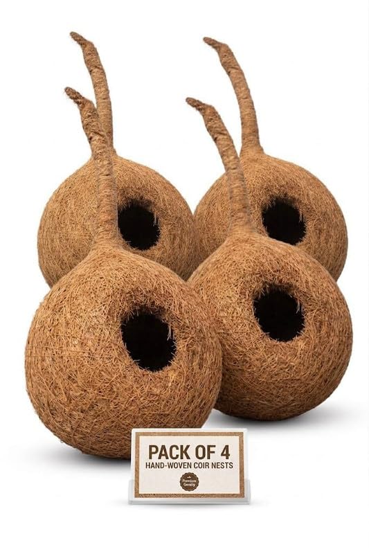 Image of Natural Round Hanging Coir Bird Nest for Sparrows, Finches & Small Birds (Pack of 2) | Handmade Eco-Friendly Coconut Fiber Bird House for Balcony, Garden, Outdoor Trees & Patio Decor