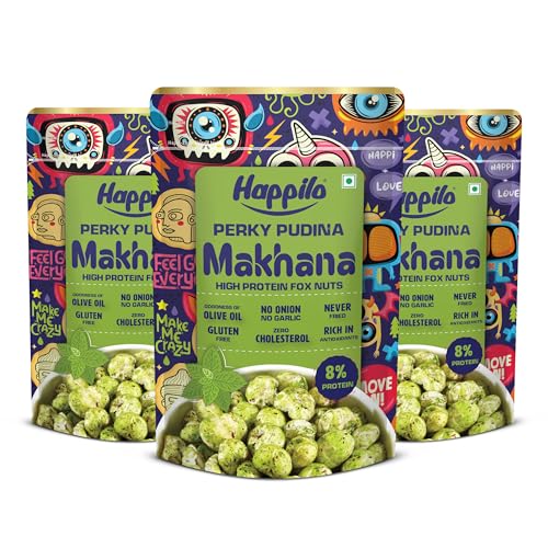 Image of Happilo Premium Super Snack Makhana Perky Pudina 55g (Pack of 3) | Roasted Foxnuts, Phool Makhana | Healthy Snacks | Low Calorie, Vegan & Tasty
