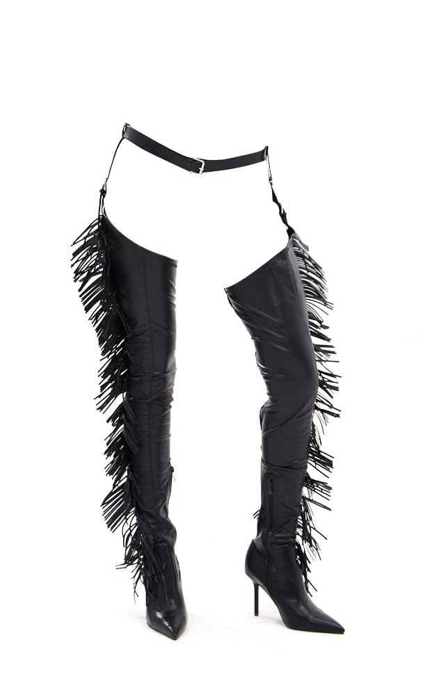 MissHeel Thigh High Belted Chap Boots with Fringe Sexy Over the Knee Stiletto Boot Side Zipper