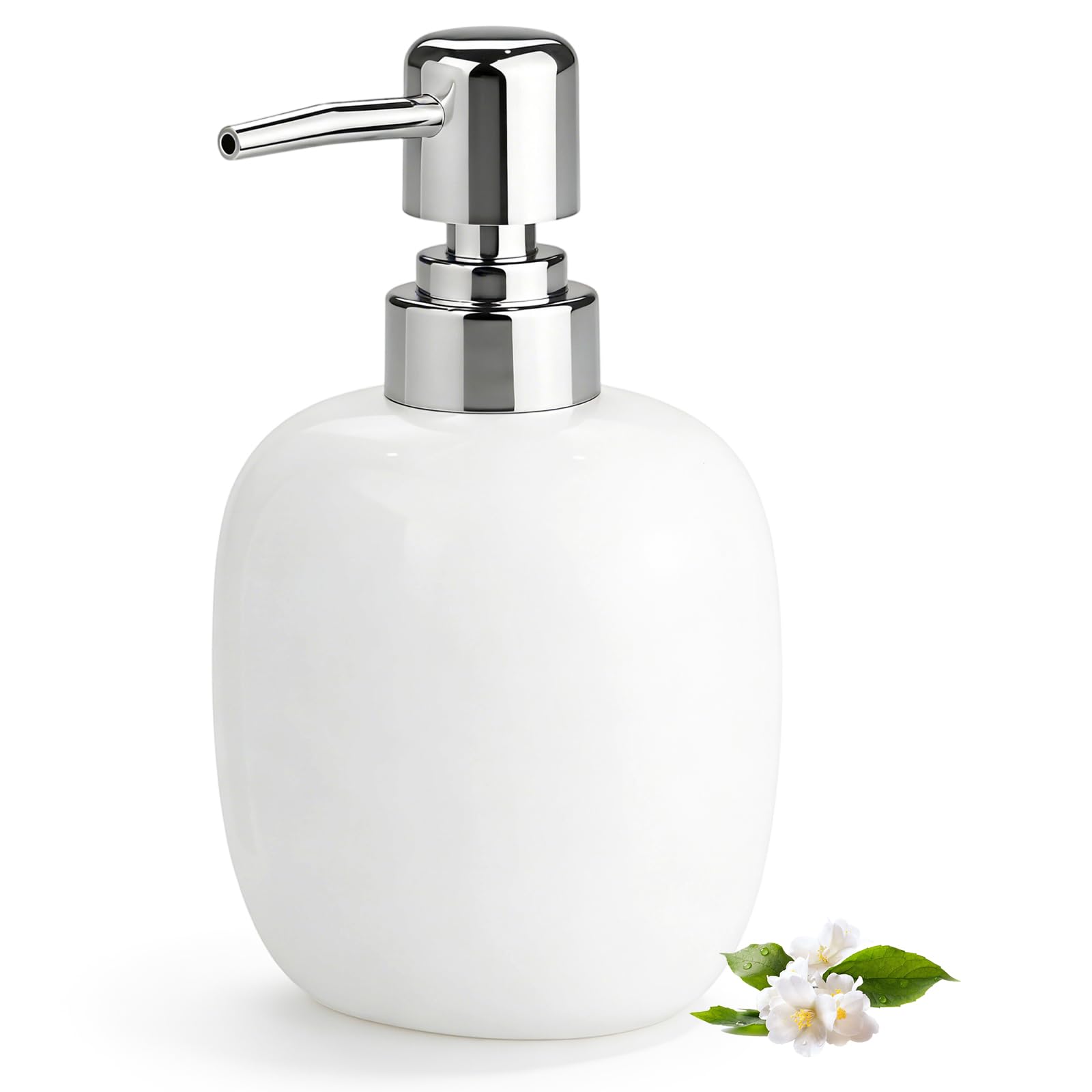 White Ceramic Soap Dispenser - 450ml Hand Soap Dispenser with Long Spout Refillable Shampoo Lotion Dispenser Elegant Square Design for Bathrooms Kitchens Hotels