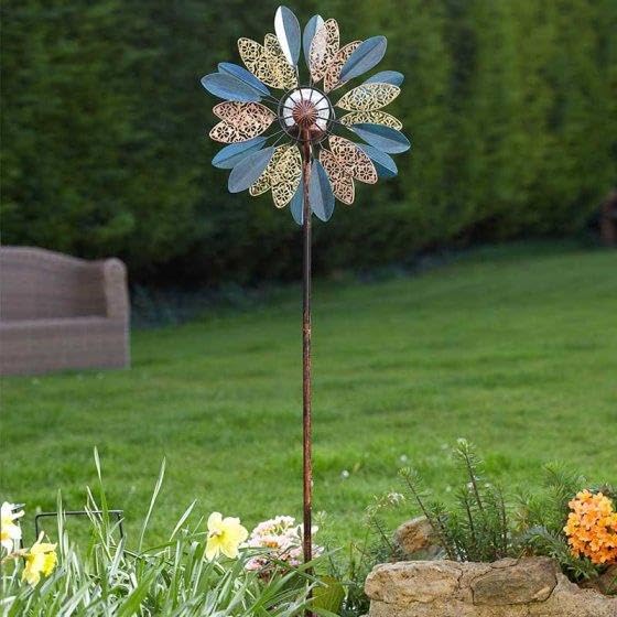 Garden Mile Zonne-aangedreven Wind Spinner Extra Groot Windsculptuur LED Zonne-licht Tuindecoratie Multi Kleur LED Licht Kinetische Wind Spinner - Grondstake Tuin Ornament (Venti