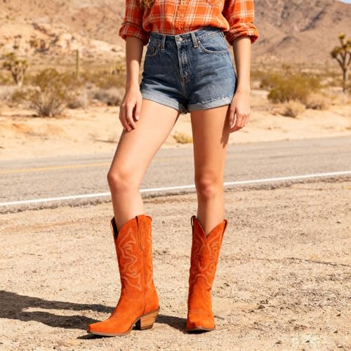 Image of LEHOOR Cowboy Boots Women Embroidered Mid Calf Western Boots Stacked Low Heel Pointed Toe Pull On Cowgirl Boot 4-11 M US