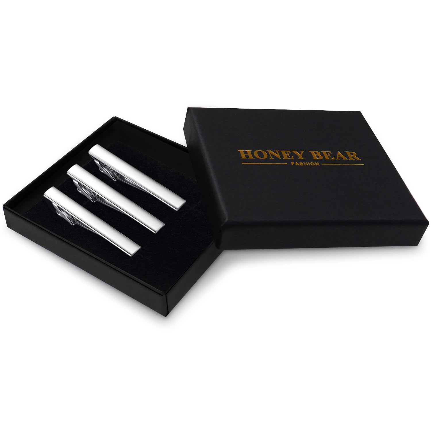 HONEY BEAR 3pcs Mens Tie Clip Set Tie Bar Normal Size 1.97inch for Wedding Business Shirt Gift 5cm (Shinny SIlver 5cm with box)