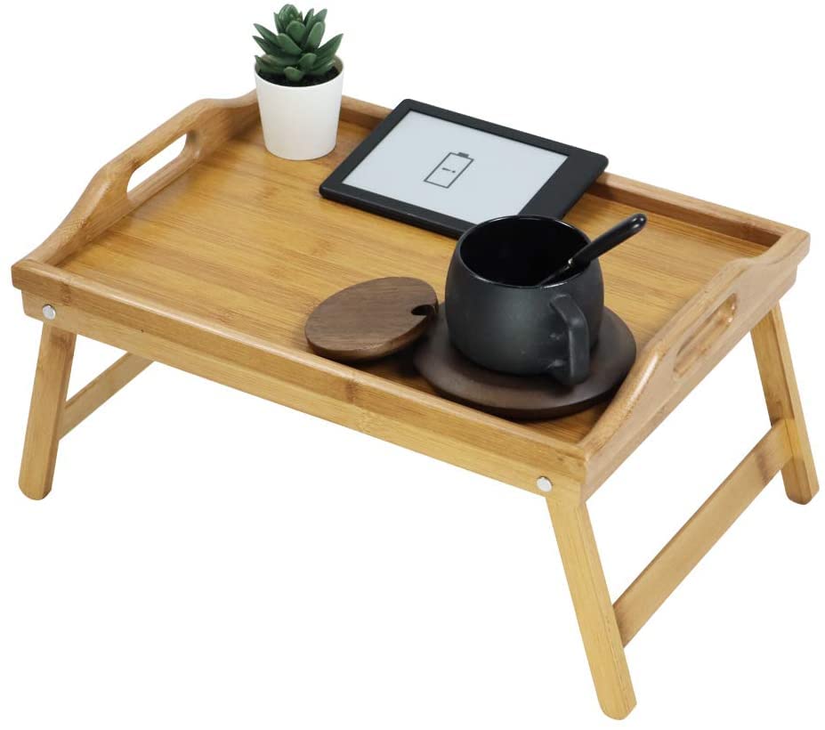 Ontbijt dienblad bamboe, Serveerblad bed tafel met inklapbare poten - kan ook gebruikt worden als schootdesk, notebook tafel (Natuur