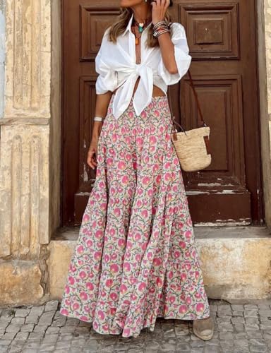 IDEALSANXUN Floral Skirts for Women Spring Summer Casual Flowy A Line Elastic High Waisted Boho Long Maxi Skirt3