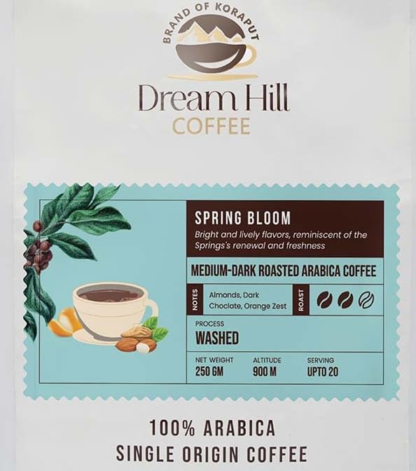 Image of Dream HIll Coffee Beans Spring Bloom, Koraput Coffee Powder, Coffee Beans Roasted, Single Origin, Made With 100% Specialty Grade Arabica, Dark Roast Coffee, Grounded Koraput Coffee | 250g (pack of 1), Whole Beans