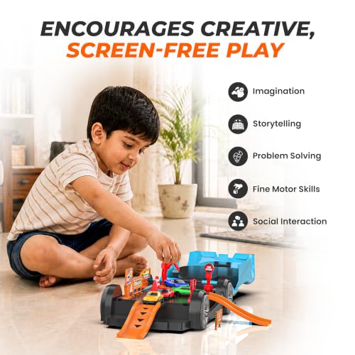 Image of Mirana Car-in-Car Garage Toy for Kids | 4 Diecast Metal Alloy Cars Playset | Foldable Storage with Handle | Store Upto 16 Vehicles | Birthday & Diwali Gift for Boys & Girls 18+ Months (Sky Blue)