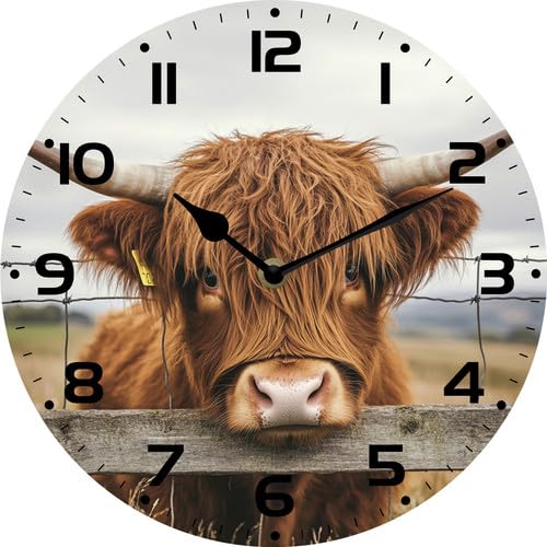 Geroclonup Farmhouse Highland Cow Wall Clock 25cm Battery Operated Silent Non Ticking Rustic Wood Clocks Home Decor for Kitchen Living Room Bedroom Office